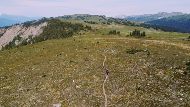 Drone tracks behind a group of hikers walking along a scenic mountain trail in the Purcell Mountains, Golden, BC.
