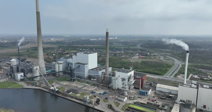 Power plant in Odense, Denmark, electricy generation, power and energy, Aerial drone view. Industrial site.
