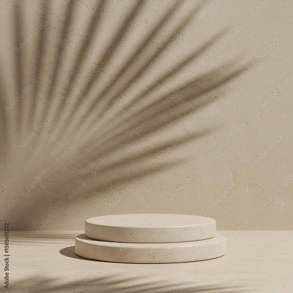 Poster beige stone podium with palm leaf shadow in a neutral backdrop. empty display platform resting on a 