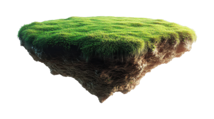 Floating grassy island, textured stone underside on a transparent background PNG image