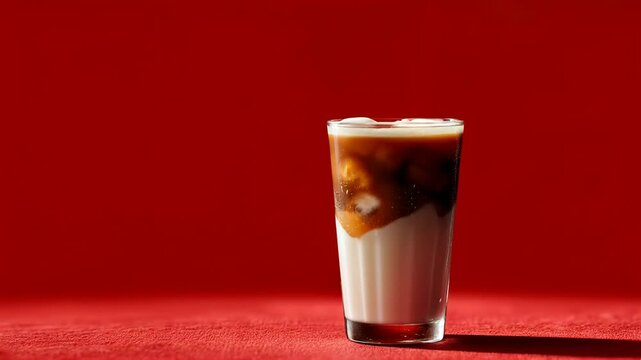 Iced coffee being prepared with cream on a vibrant red background, enhancing the refreshing contrast

