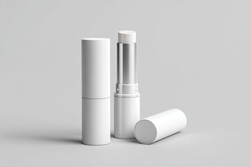 Blank cosmetic lip balm packaging.  Two white cylindrical tubes, one closed and one open, showcasing a metallic inner stick