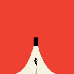 Businesswoman walking towards the door. Woman walking towards the goal. Concept of success, motivation, personal growth, problem solving, hard work, big ambitions, opportunities, hope. Vector.