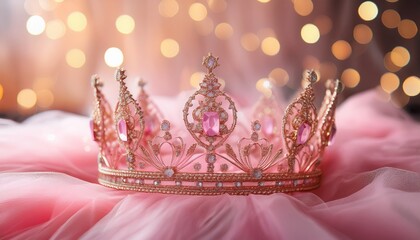 pink princess crown on tulle fabric sparkling pink tiara rests on soft pink tulle surrounded by magical golden bokeh perfect for fairytale themes