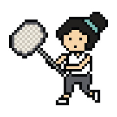 Fototapeta premium Cartoon pixel character cute woman lady exercise training play badminton tennis lifestyle decoration life style 8 bit female girl game badminton 8bit fitness isolated PNG vector.