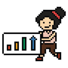 Fototapeta premium Cartoon cute pixel cartoon 8bit character business woman office smart work graph game decoration business 8 bit female lady businesswoman career character png vector.