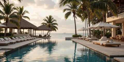 Fototapeta premium Luxury Beach Resort, Poolside Lounging, Exclusive Escape An upscale beach resort with an infinity pool, luxurious cabanas, and guests enjoying