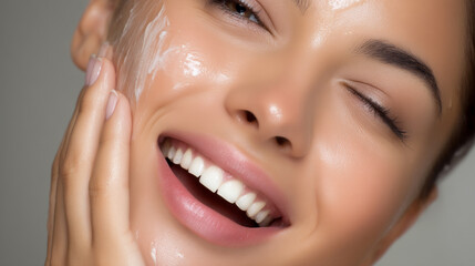 Radiant Smiling Woman Applying Face Cream Close-Up