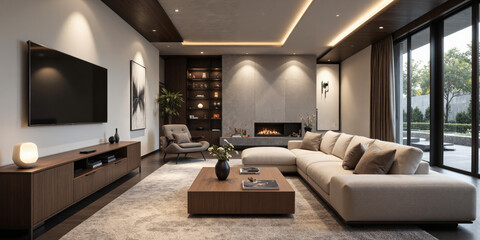 Fototapeta premium Living Room Interior Fireplace Modern beige sofa TV luxury home