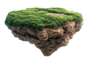 Isolated Floating Island with Grass and Stone on Transparent Background PNG