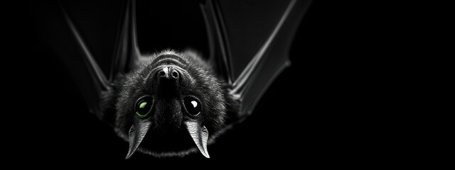 Black Bat Hanging Upside Down with Green Eyes on a Dark Background, Perfect for Halloween, Nature, Wildlife, and Animal Photography Themes