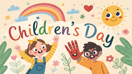 Obraz premium Happy Children's Day Celebration Illustration with Kids and Rainbow
