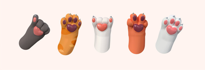 Cat paws with hearts, different gestures. In 3D style. Vector illustration. Vector illustration