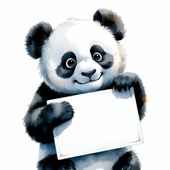 Charming Watercolor Panda with Raised Paw and Blank Sign