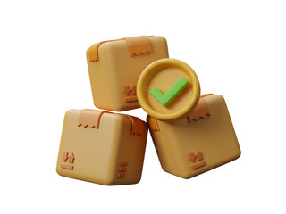 3D Cardboard boxes with check mark icon isolated on transparent background, Confirmed order delivery concept. delivered order or package, approved delivery box, quality control. 3d render illustration