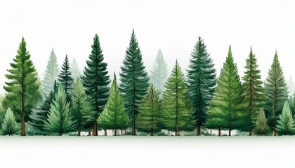 Obraz premium green evergreen fir pine spruce trees treeline isolated on white background generative ai