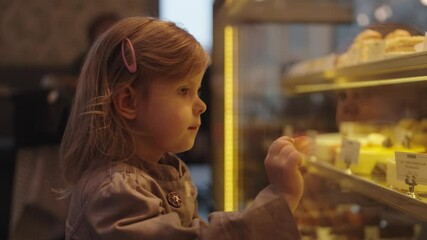 A beautiful little girl chooses from a selection of fresh pastries, cakes, sweet desserts in a cafe or bakery. A happy and joyful child in stylish clothes looks at sweets in a display case in a cafe.