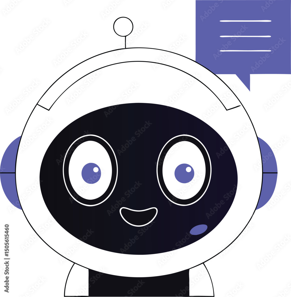 Poster cheerful cartoon robot with chat bubble suitable for artificial intelligence concepts