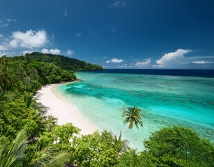 Fototapeta premium tranquil turquoise lagoon with white sand beach surrounded by lush tropical vegetation