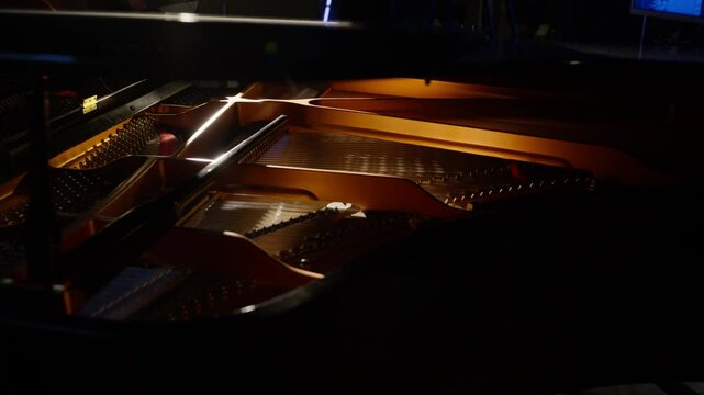 Inside of a grand Piano in slow motion