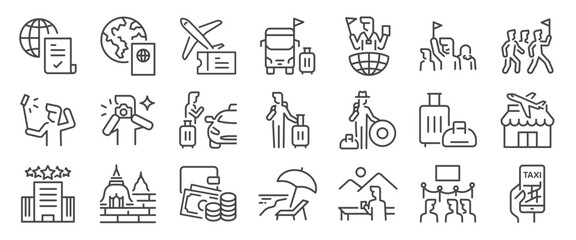 Travel icon set. It includes tour, tourism, flight, vacation, holiday and more icons. Editable Vector Stroke.
