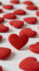 Obraz premium Red heart-shaped objects in a minimalist setting. Close-up view of several textured, red hearts arranged in an artful pattern against a plain white background.