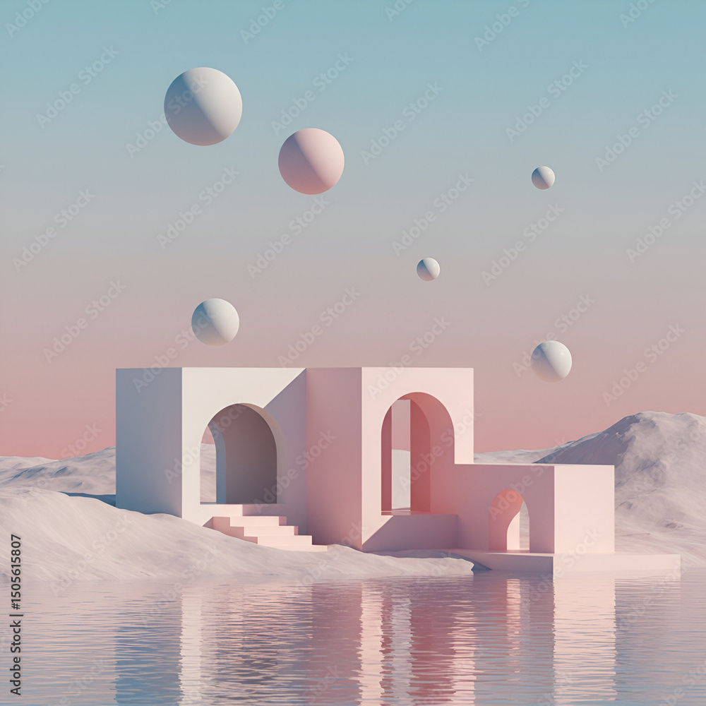 Aufkleber pastel architectural structure with floating spheres in a serene waterside setting. abstract shapes 