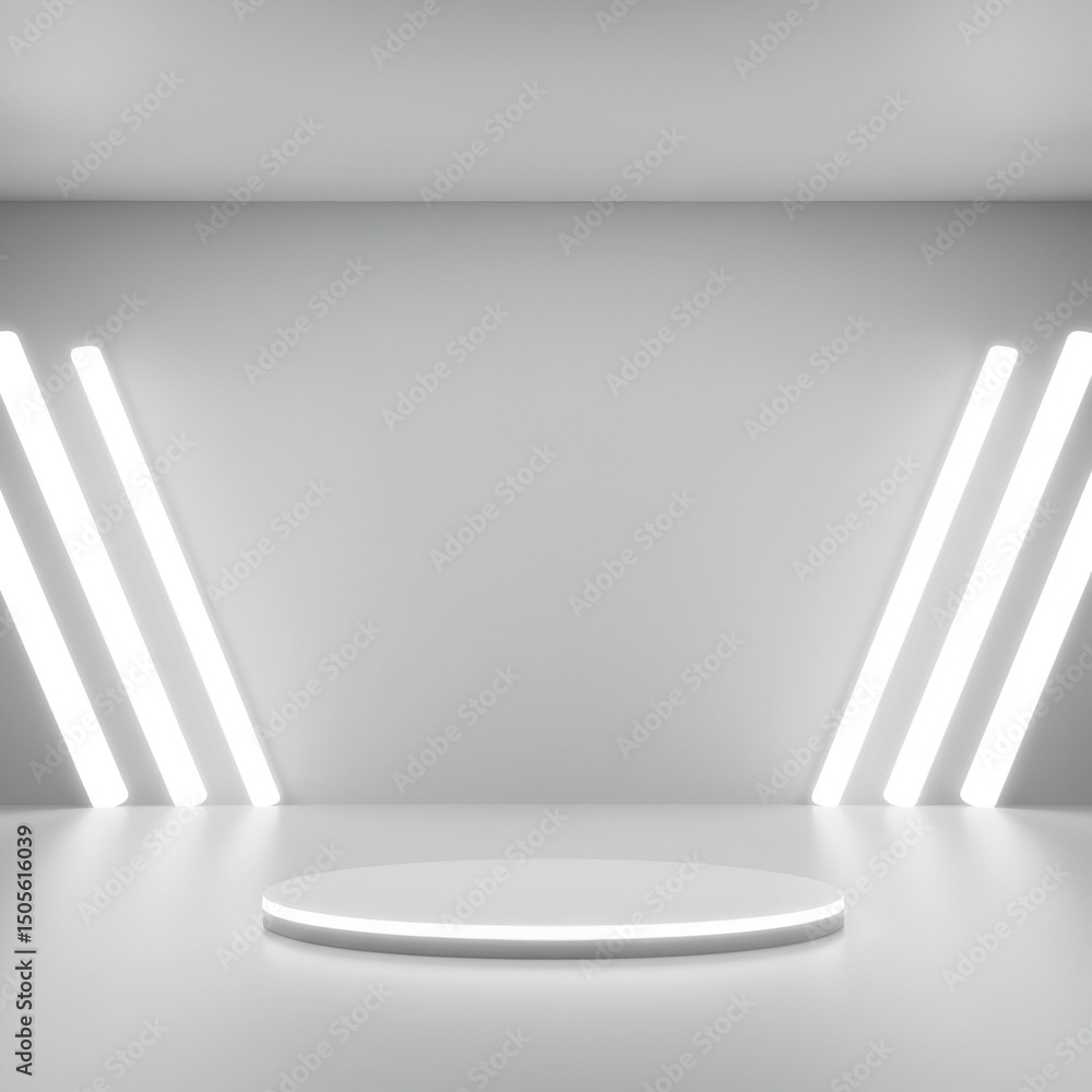 Aufkleber empty white round podium with neon lighting in a modern studio setting. product display area with cl