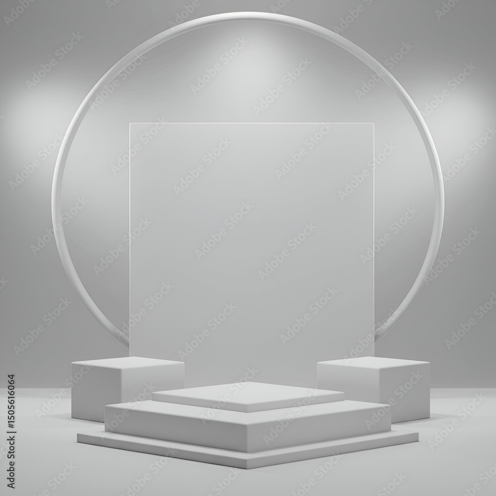 Aufkleber empty white product display podium with a circular light fixture, showcasing a minimalist aesthetic.
