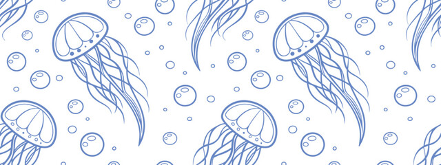 Seamless jellyfish pattern with hand-drawn marine creatures and floating bubbles in blue line art on white background. Ideal for ocean themes, textile prints, and underwater graphics.