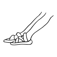 Black and white vector doodle style image of female legs in summer sandals. Summer shoes. Основные RGB