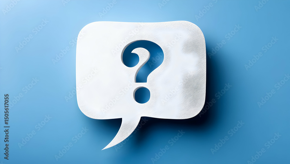 Poster a creative representation of a speech bubble with a question mark on a vivid blue background, perfec