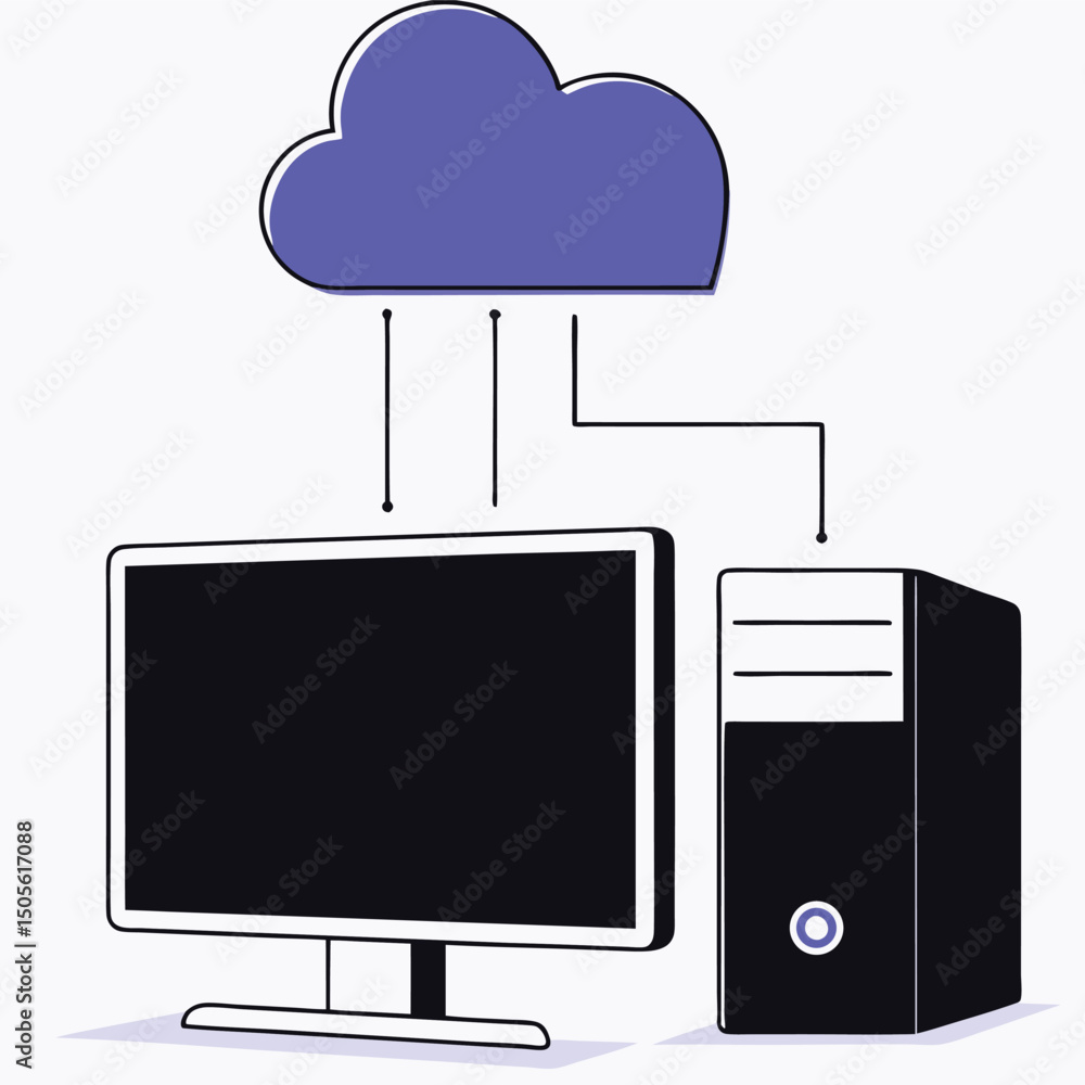 Poster cloud computing concept depicted with computer, monitor, and server in illustration