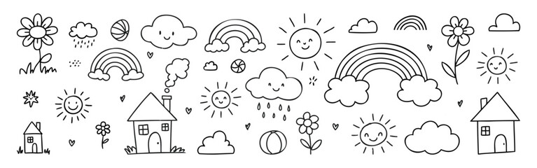 Crayon fun cute kid doodle set. Hand drawn doodle sketch childish element collection.