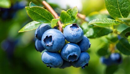 A Close-Up Shot of Ripe Blueberries Clustered on a Slender Branch in a Lush, Sunlit Blueberry Orchard