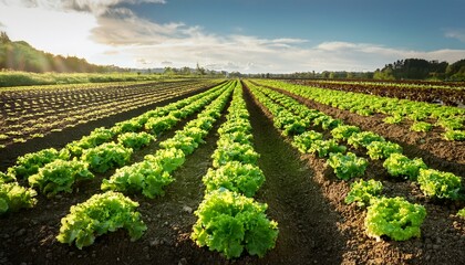 rows of fresh lettuce growing on farm