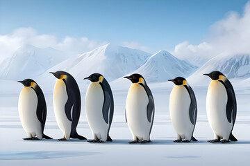 Obraz premium A charming group of five emperor penguins standing together in a snowy landscape, showcasing their iconic black and white plumage against a serene backdrop.