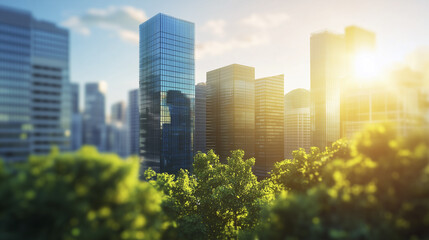 Obraz premium A cityscape with tall glass buildings, greenery, and sunlight.