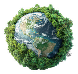 World Globe with Green Forest Trees Surrounding the Planet PNG Image