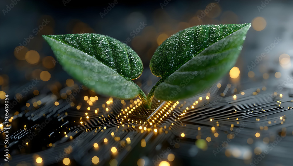 Poster a close-up image of delicate green leaves emerging from a circuit board, symbolizing the fusion of n