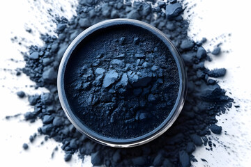 A close-up image of a circular container filled with fine black powder, surrounded by a dusting of the same material, emphasizing textures and details.