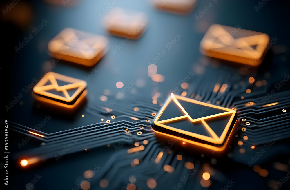 Poster a close-up of glowing email icons on a dark circuit board, symbolizing digital communication and tec