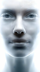 A close-up of an ethereal, smooth-skinned mannequin face illuminated with soft light, creating a serene and futuristic vibe.