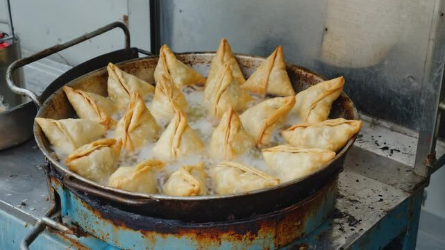 Delicious Samosas Frying in a Large Pan of Hot Oil