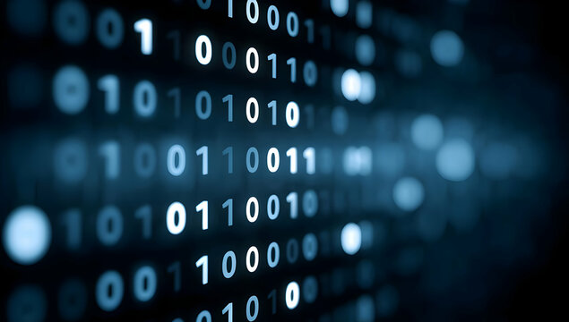 A close-up of binary code displayed on a digital screen, showcasing the flow of data in modern computing and technology landscapes.