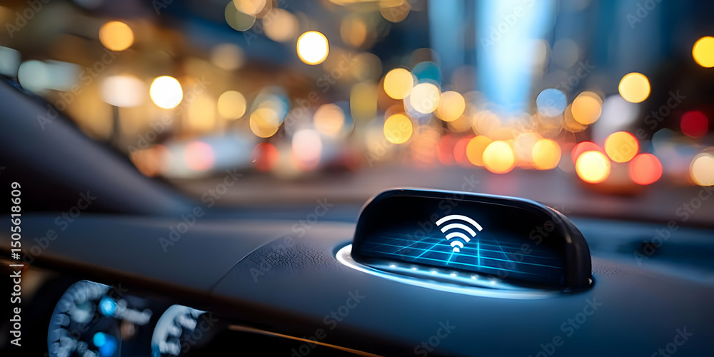 Poster a close-up view of a car's dashboard with a modern wireless signal indicator in an urban setting, sh