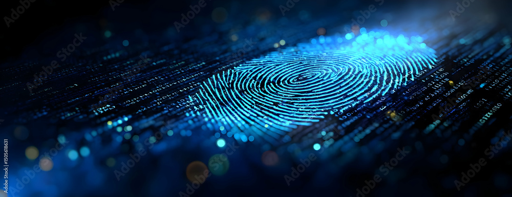 Poster a close-up view of a digital fingerprint capturing data in a mesmerizing blue light. this image symb