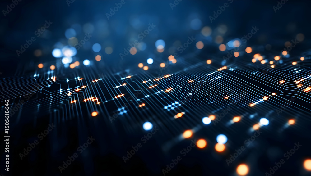 Poster a close-up view of a digital circuit board with glowing lights, illustrating the intricate details o