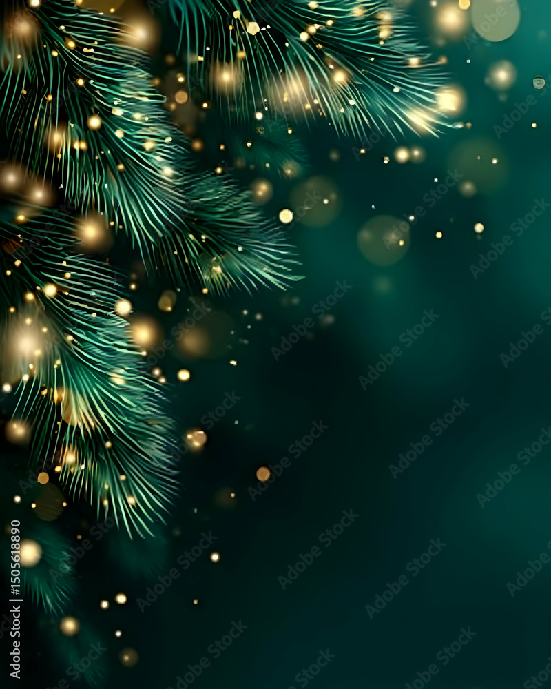 Poster a close-up view of festive evergreen branches adorned with golden lights and sparkling bokeh, creati