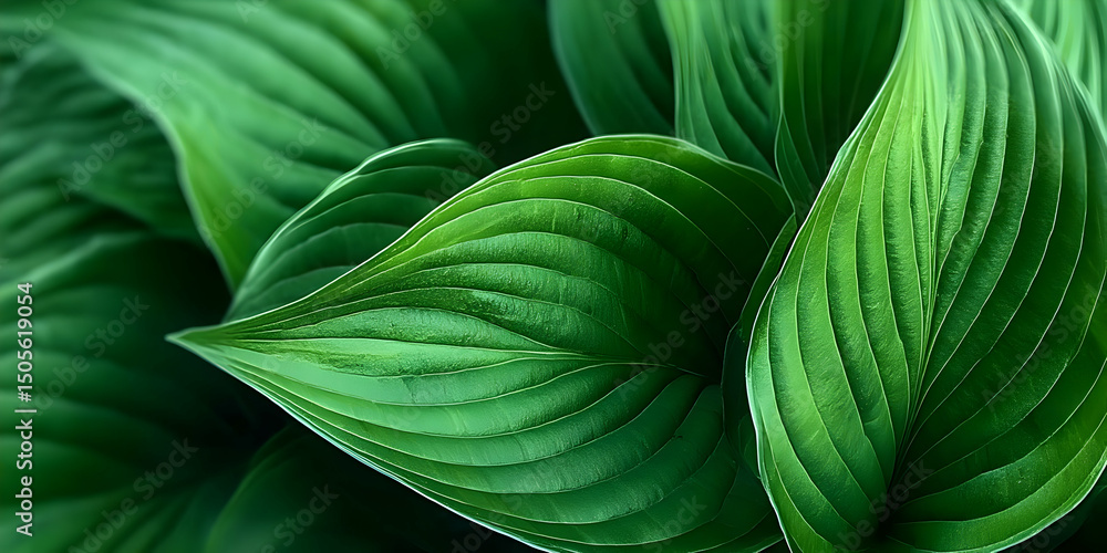Poster a close-up view of vibrant green leaves showcasing intricate textures and patterns, perfect for natu